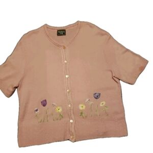 Pink Floral Embroidered Short Sleeve Sweater *See Measurements* Southern Lady